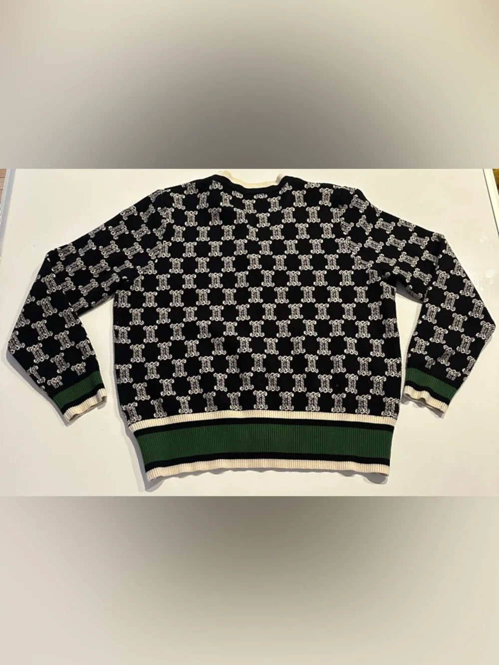 Black and White Patterned V-Neck Cardigan with Green Trim - Picture 8 of 8